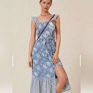 PAIGE Poppy Floral Cotton Blend Blue Midi Dress. Lined.Excellent Condition. Sz M